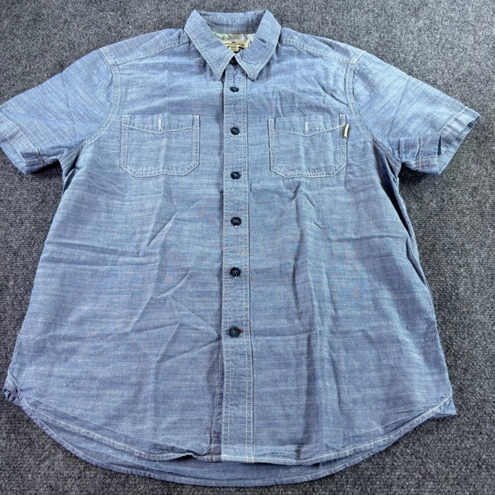 Woolrich Button Down Shirt Mens Medium Blue Short Sleeve Cotton Chambray Utility